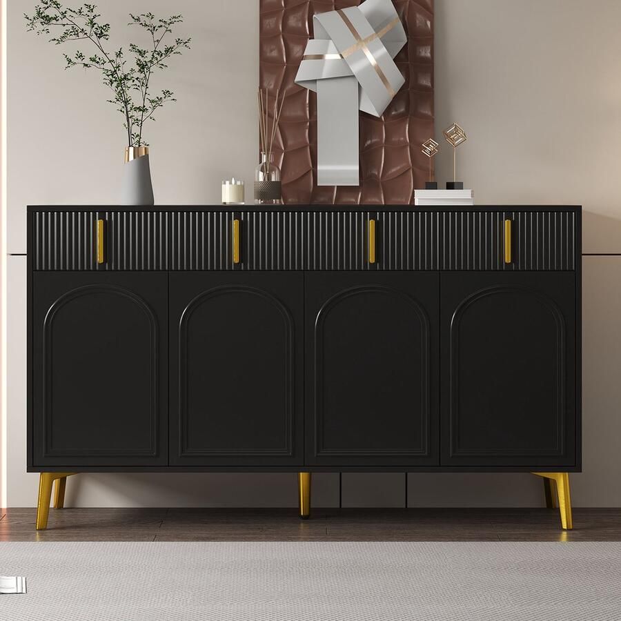 Gutent Kast Dressoir met Gouden handgrepen en poten 4 Deuren en 4 Laden Zwart