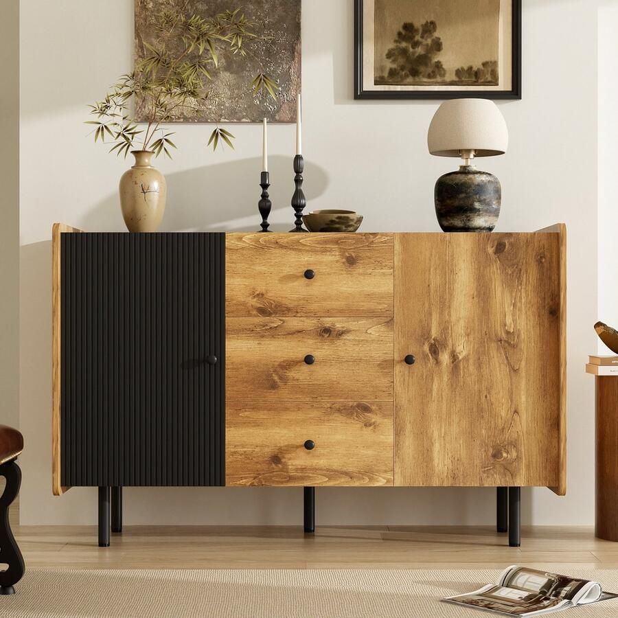 Gutent Kast Dressoir Zwart en Houtkleur Twee deuren Drie laden