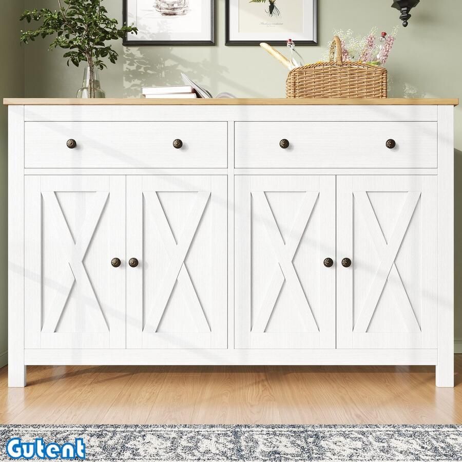 Gutent Keukenkast (140 x 40 x 89 cm)-Met opbergruimte-Retro-kruispatroon-Anti-kantelen-Wit