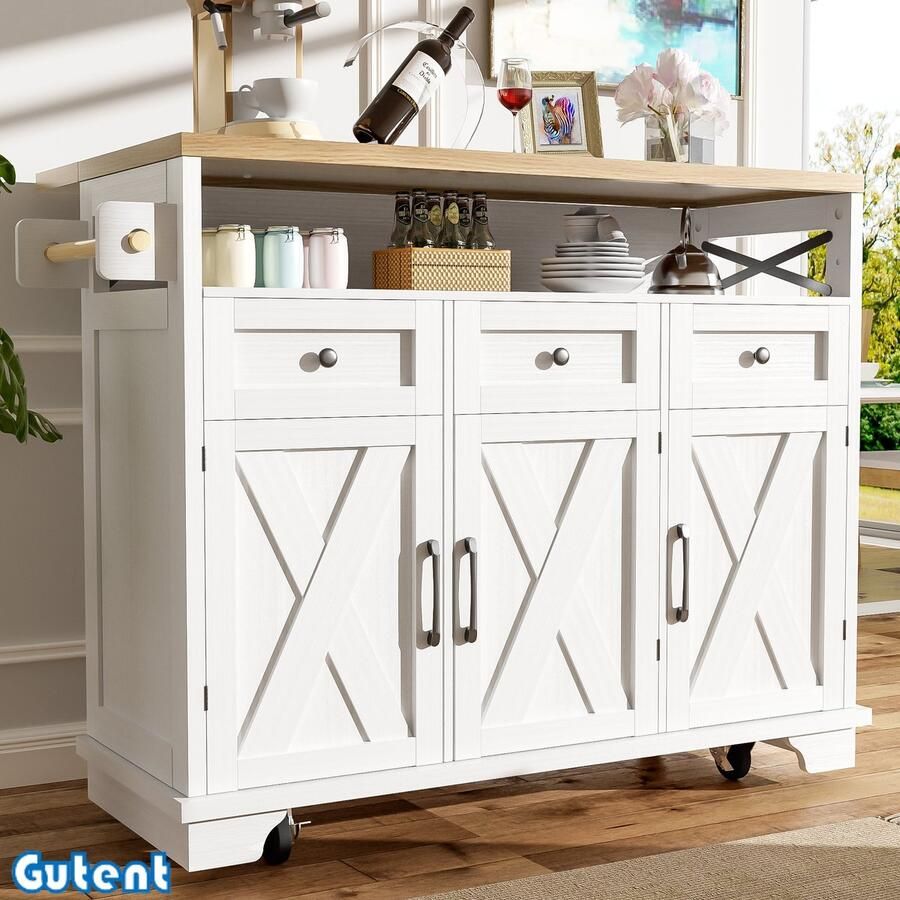 Gutent Keukenkasten (118 x 43-80 x 98 cm)-Houtnerf Eetkamerkast-Eetkamerwagen met wielen-Opbergruimte-Verwisselbaar tussenschot-met handdoekrek-Wit