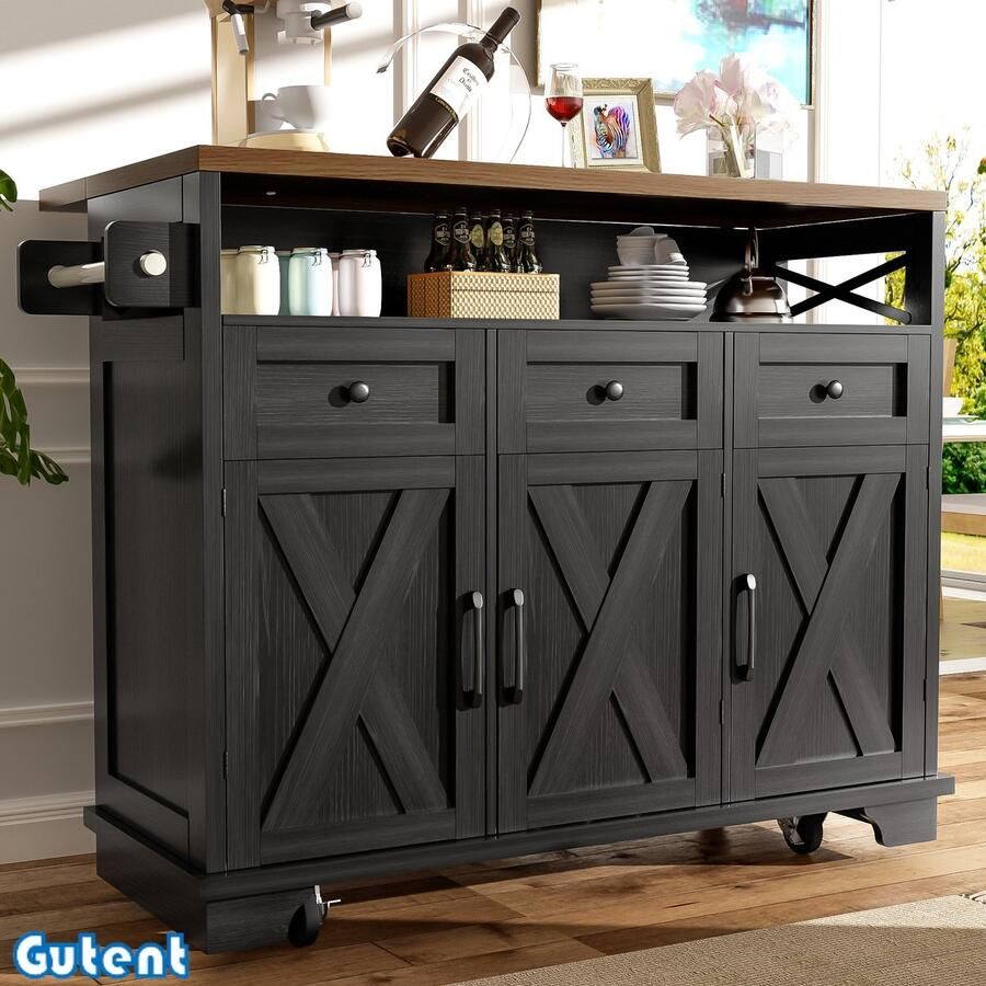 Gutent Keukenkasten (118 x 43-80 x 98 cm)-Houtnerf Eetkamerkast-Eetkamerwagen met wielen-Opbergruimte-Verwisselbaar tussenschot-met handdoekrek-Zwart