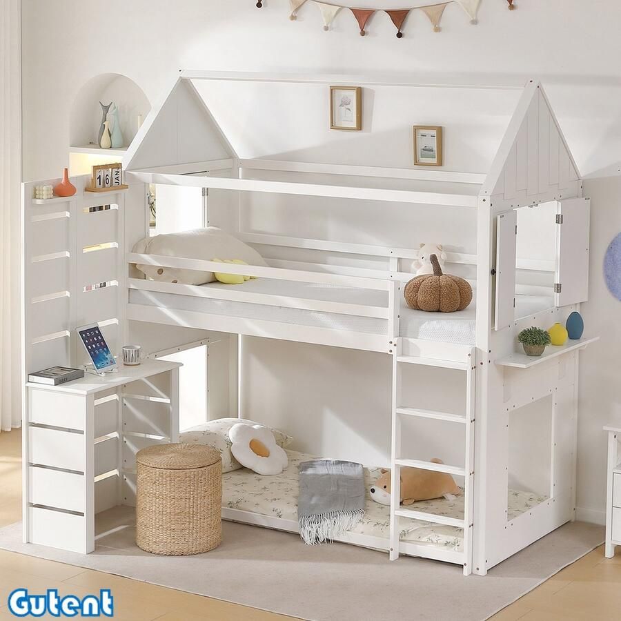 Gutent Kinder hoogslaper met rails met tafel twee ramen opbergruimte grenen + MDF wit 90x200 cm zonder matras geen lattenbodem onder bed