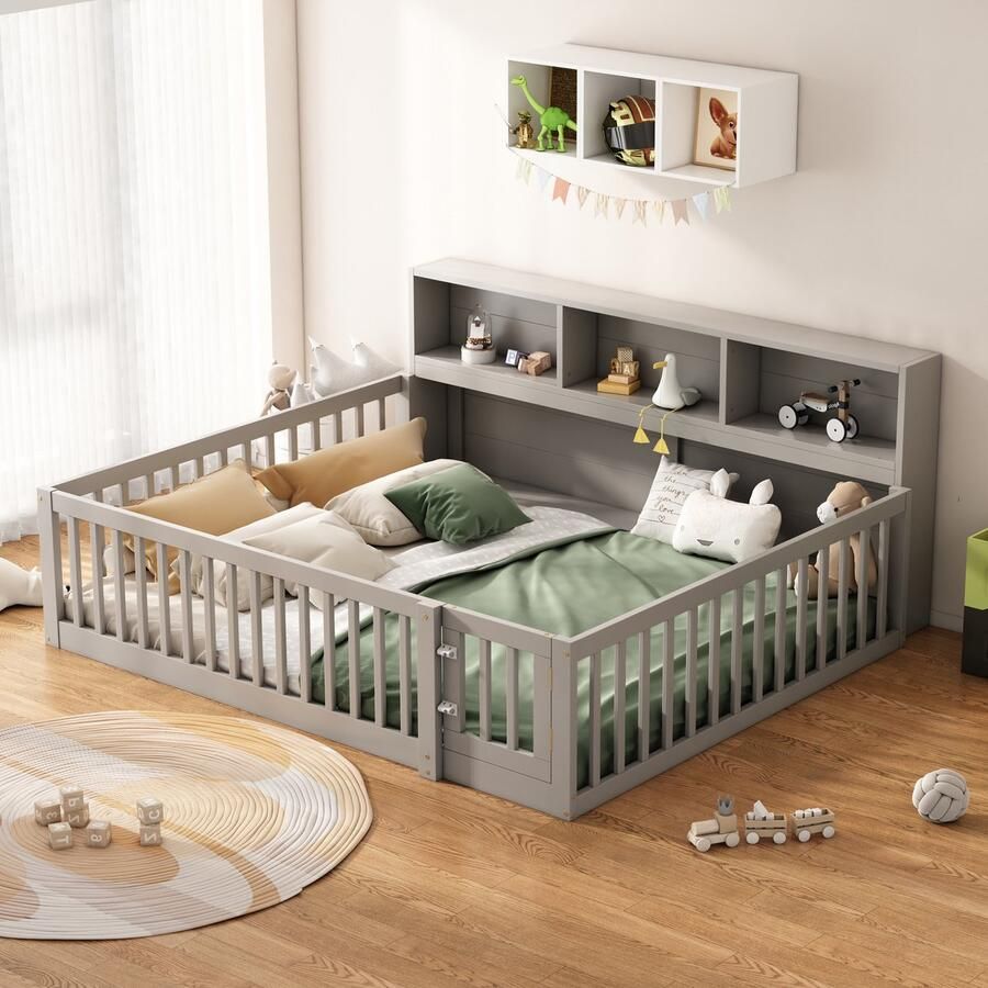 Gutent Kinderbed Grijs(Zonder matras) Dagbed 140*200 cm met Opbergvak Bedframe met Lattenbodem Relingen grenenhout