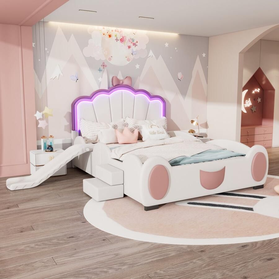 Gutent Kinderbed 140 x 200 cm Vlinderbed Prinsessenbed Voorzien van LED-kleurveranderende lampen Met glijbaan en ladder PU-materiaal Roze + Wit Zonder matras
