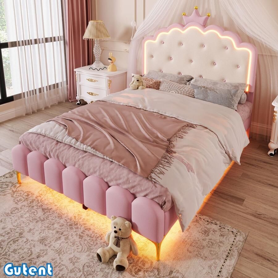 Gutent Kinderbed 140 x 200 cm Zonder matras met sfeerlicht kroonprinsesvorm PU-materiaal Roze