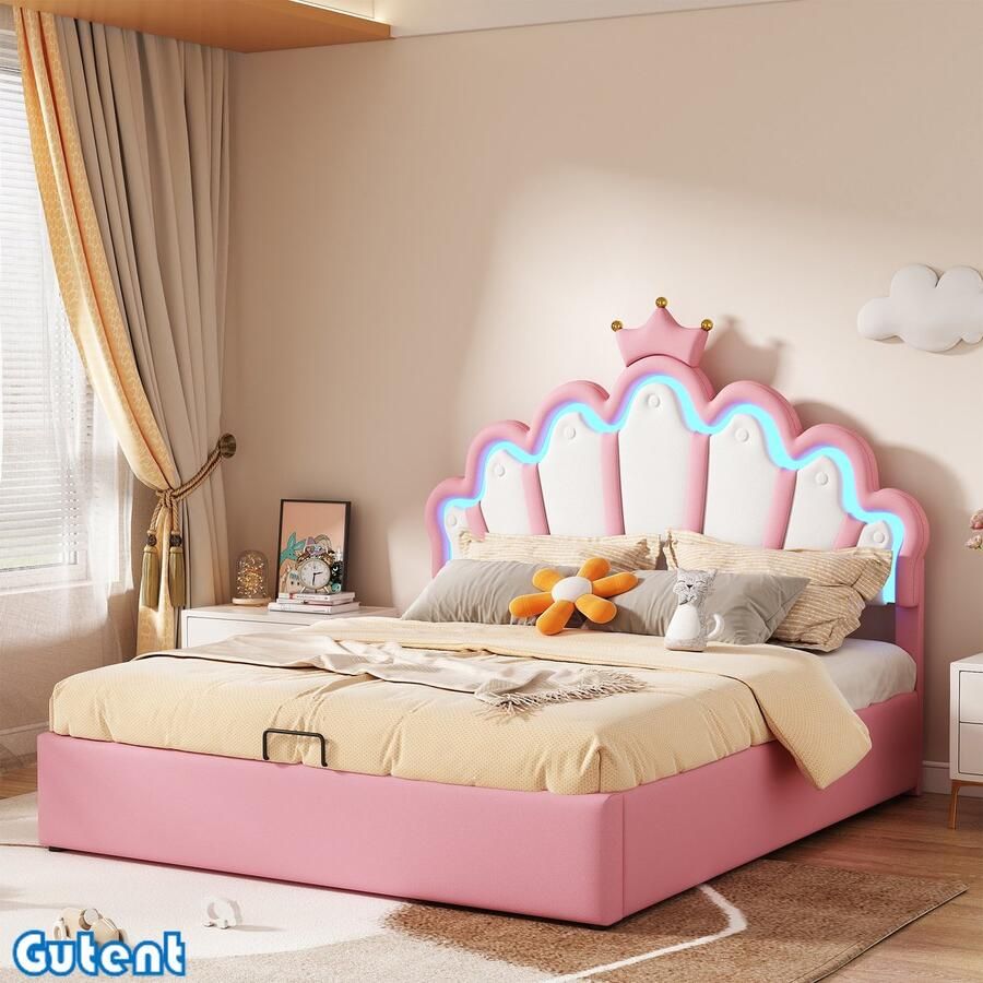 Gutent Kinderbed-140*200 cm-Princessenbed-Meisjesbed-Verstelbare sfeerverlichting-Kroonlijst-Pink-Geen matras