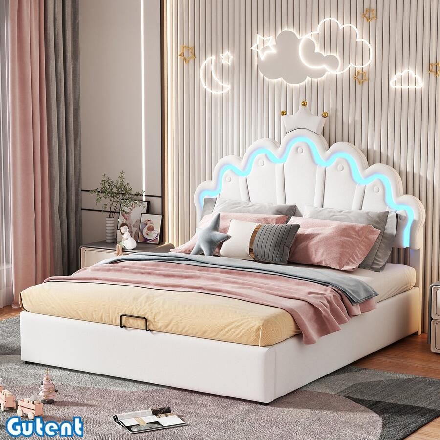 Gutent Kinderbed-140*200 cm-Princessenbed-Meisjesbed-Verstelbare sfeerverlichting-Kroonlijst-Wit-Geen matras