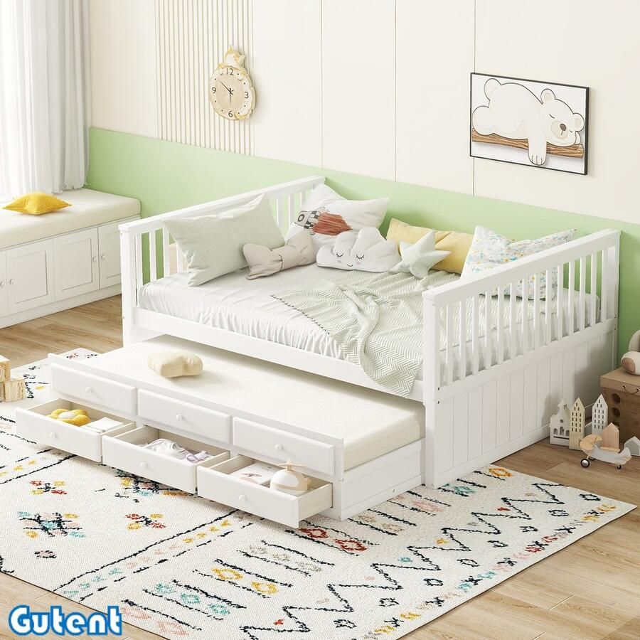 Gutent Kinderbed 140x200 cm (90x190 cm) Dagbed Massief hout Opklapbed Met drie laden Wit Zonder matras