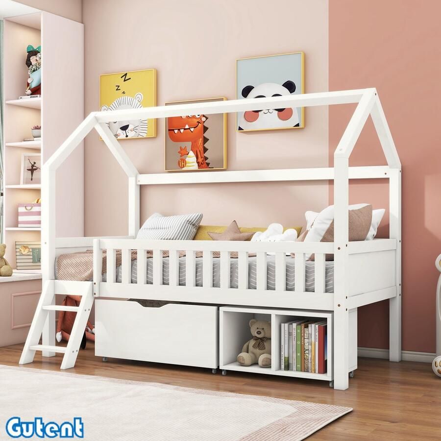 Gutent Kinderbed 200x90cm met laden en opbergvakken jongens en meisjes met relingen Wit Geen matras