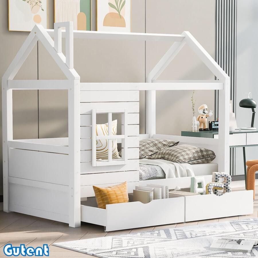 Gutent Kinderbed 80*160 cm met relingen Jongen en meisje Massief hout Met raam Wit Zonder matras