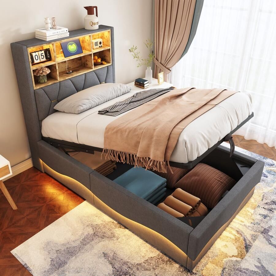 Gutent Kinderbed 90 x 200 cm met hydraulische opbergruimte APP-gestuurde LED-strip USB-laadpoort metalen lattenbodem linnen bekleding Grijs Geen matras