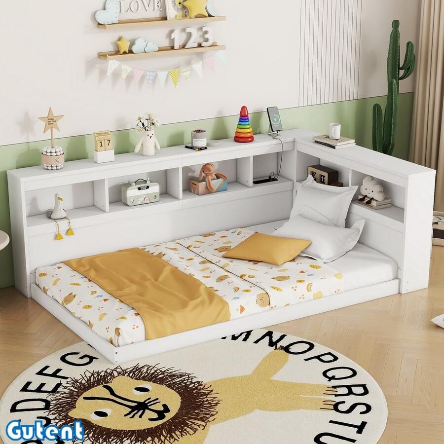 Gutent Kinderbed 90 x 200 cm met stopcontact en 2 USB-poorten met lattenbodem (zonder matras) Spaanplaat Wit