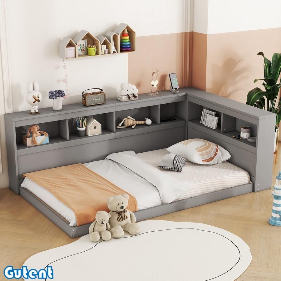 Gutent Kinderbed 90 x 200 cm met stopcontact en 2 USB-poorten met lattenbodem (zonder matras) Spaanplaat Grijs