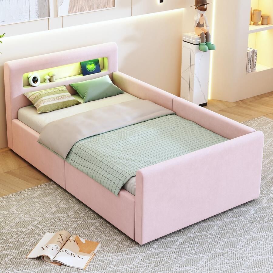 Gutent Kinderbed 90*200 cm met LED verlichting USB oplaadpoort met legplanken hydraulische opbergruimte velours stof -Roze- Zonder matras