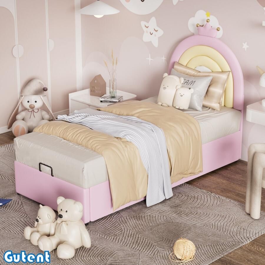 Gutent Kinderbed-90*200cm-Hydraulisch-Hoofdbord-Hoogte-Verstelbaar-PU-Pink-Geen Matras