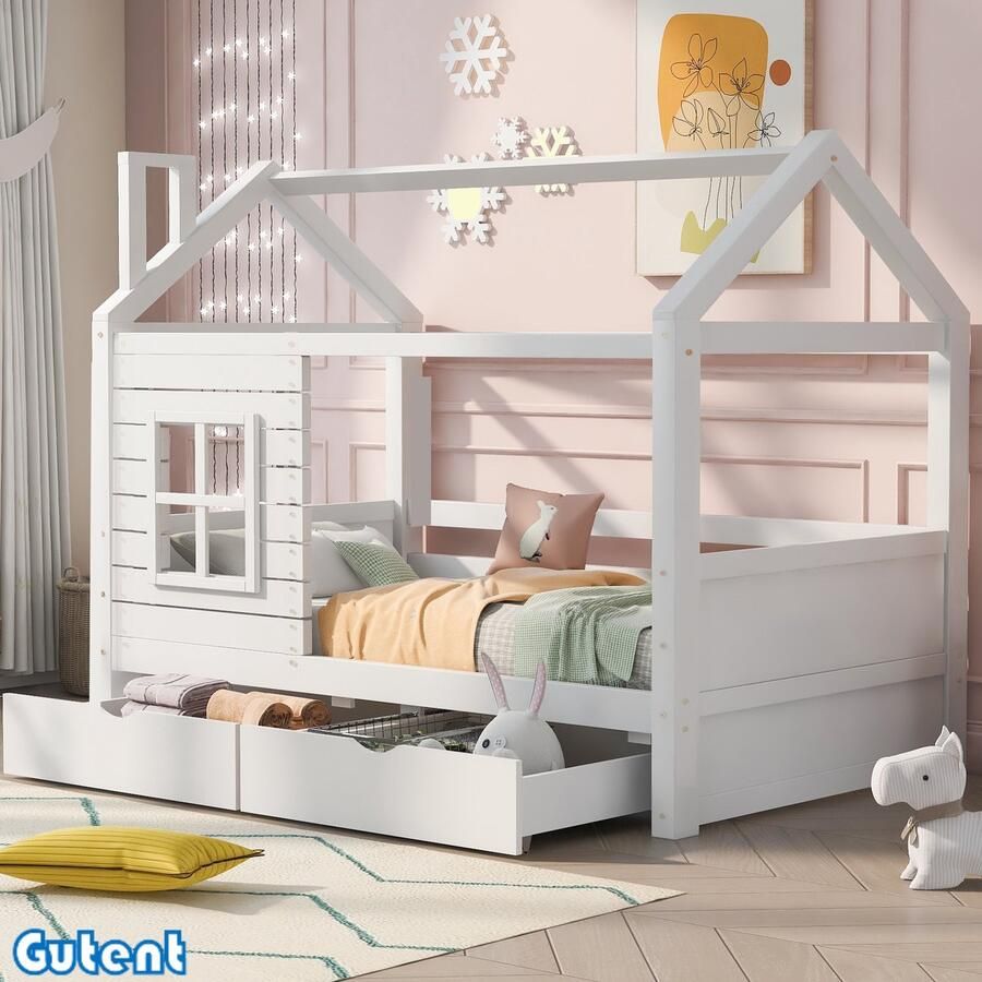 Gutent Kinderbed 90*200cm met relingen Jongens en meisjes Massief hout Met raam Wit Zonder matras