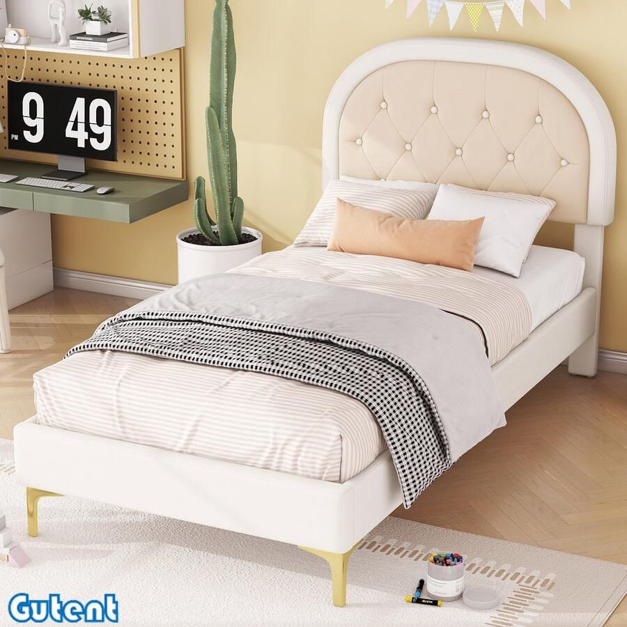 Gutent Kinderbed-90x200 cm-Mont zonder matras-Metalen poten-Het gebogen hoofdeinde-Velvet-Beige