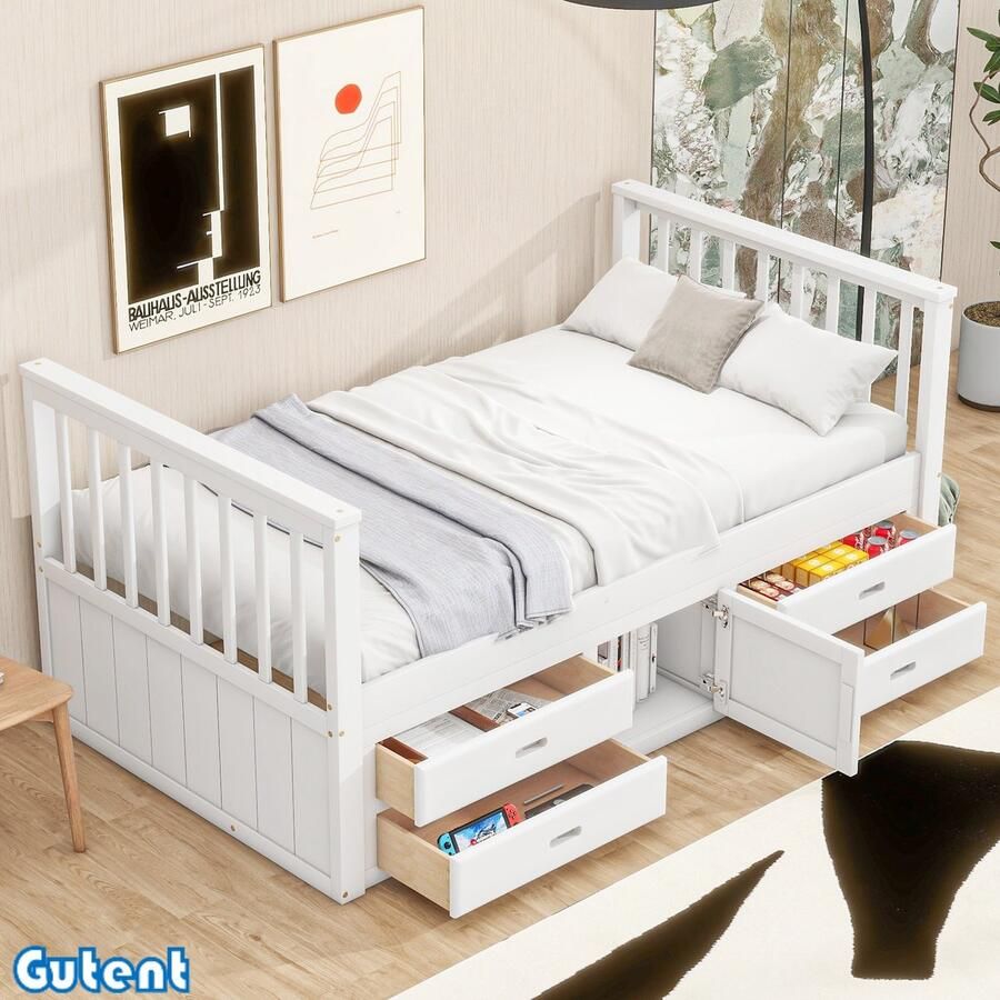 Gutent Kinderbed 90x200 cm Platform bed 4 laden met Kastje Wit Zonder matras