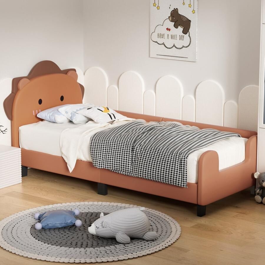 Gutent Kinderbed 90x200cm Oranje (Zonder matras) Lattenbodem met hoofdeinde Leeuwvorm Eenvoudig te monteren hoogte hoofdeinde niet verstelbaar matras niet inbegrepen PU