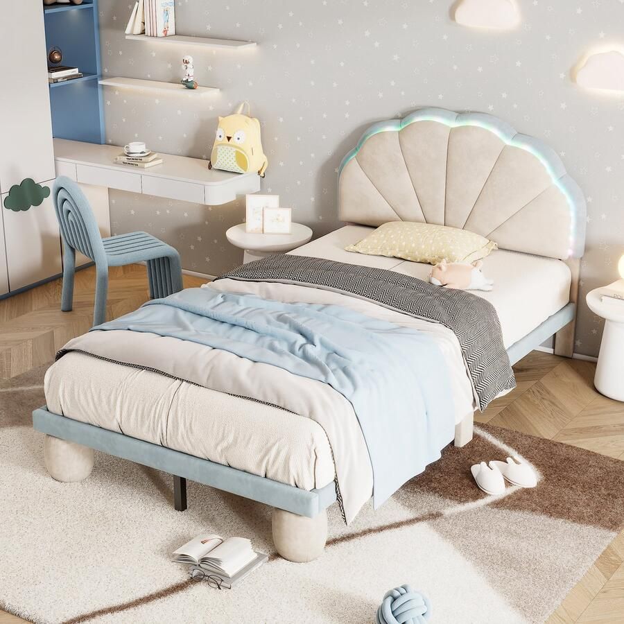 Gutent Kinderbed Beige + Blauw (Zonder matras) 90x200 cm Gestoffeerd bed met veelkleurige afwisselende LED-strip hoofdbord met geschulpte randen gestoffeerde ronde poten met houten latten Eenpersoonsbed fluweel