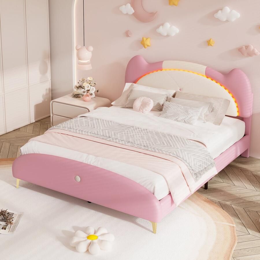 Sweiko Gestoffeerd bed Tweepersoonsbed Kinderbed met houten lattenbodem met massief houten frame en ijzeren buisframe LED-strips MDF+zachte spons + PU leer beige+roze 140x200cm
