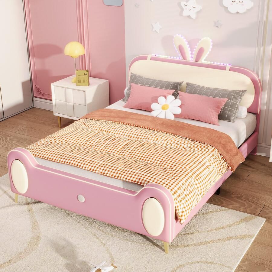 Sweiko Zacht Kussen bed Konijn Hoofdeinde Babywieg met houten stroken LED strepen massief hout en ijzeren frame medium density fiberboard+zachte spons PU lederen materiaal Beige+Roze 140x200cm tweepersoonsbed babywieg(Geen matras)