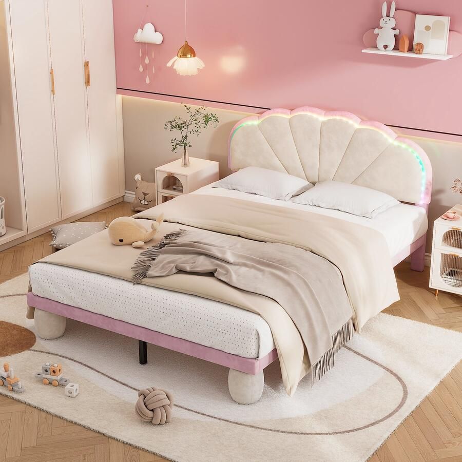 YJZQ Gestoffeerd bed met LED-verlichting Schelpvormig hoofdeinde Prinses LED-bedframe met gewatteerde ronde poten Fleece platformbed voor kinderen Meisjes Houten lattenbodem Roze fluweel 140x200cm