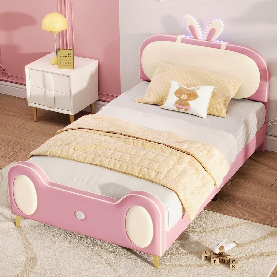 Gutent Kinderbed Beige + Roze (Zonder matras) 90x200 cm Gestoffeerd bed Eenpersoonsbed konijnenhoofdbord kinderbed met houten lattenbodem LED-lichtlijst frame van massief hout en ijzeren buizen MDF + zacht schuim + PU leer