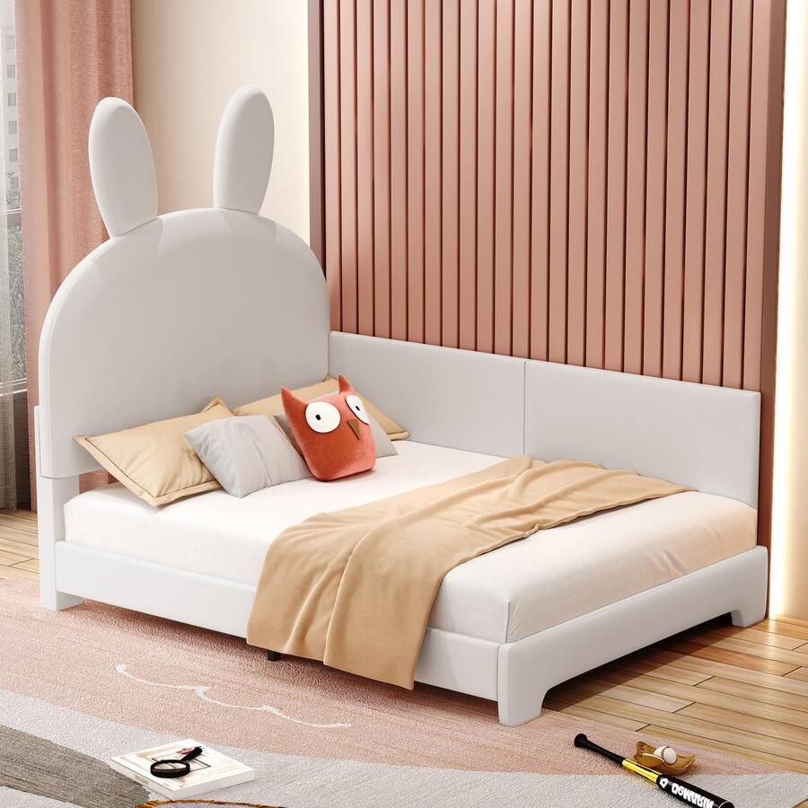 Gutent Kinderbed Beige (Zonder matras) 90*200 cm Schattig Konijnvormig Hoofdeinde met verlengde veiligheidsrugleuning bedbank met lattenbodem fluwelen stof