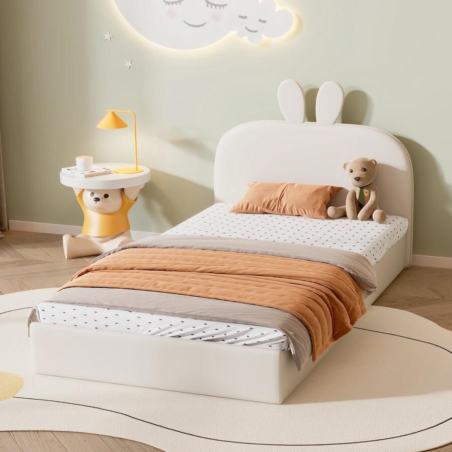 Gutent Kinderbed Beige (Zonder matras) 90x200 cm Gestoffeerd bed met konijnenhoofdbord Kinderbed met houten lattenbodem Eenpersoonsbed Fluweel