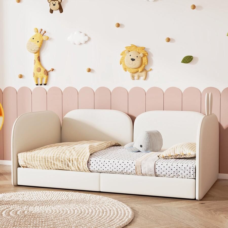 Gutent Kinderbed Beige (Zonder matras) 90x200 cm Konijnenhoofdbord incl. 3 zijden daybed fluweel slaapbank