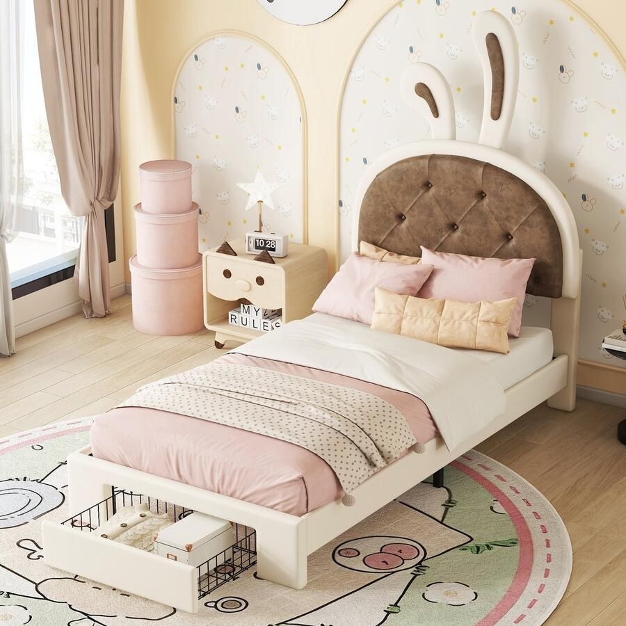 Sweiko 90*200cm Kinderbed Plat bed Cartoon konijn vorm bedbodem PU materiaal Beige