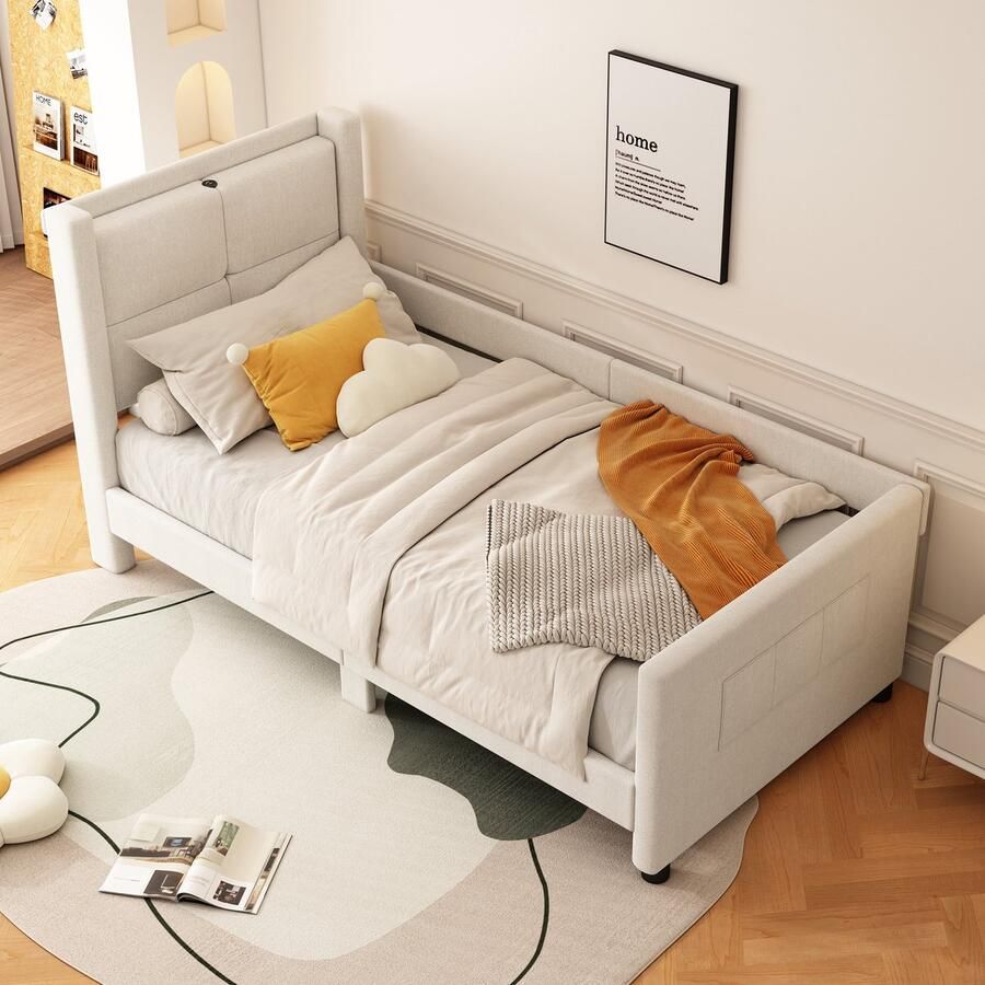 Sweiko 90*200cm Slaapbank Plat bed Eenpersoonsbed gestoffeerd met USB-aansluiting Minimalistisch ontwerp Beige