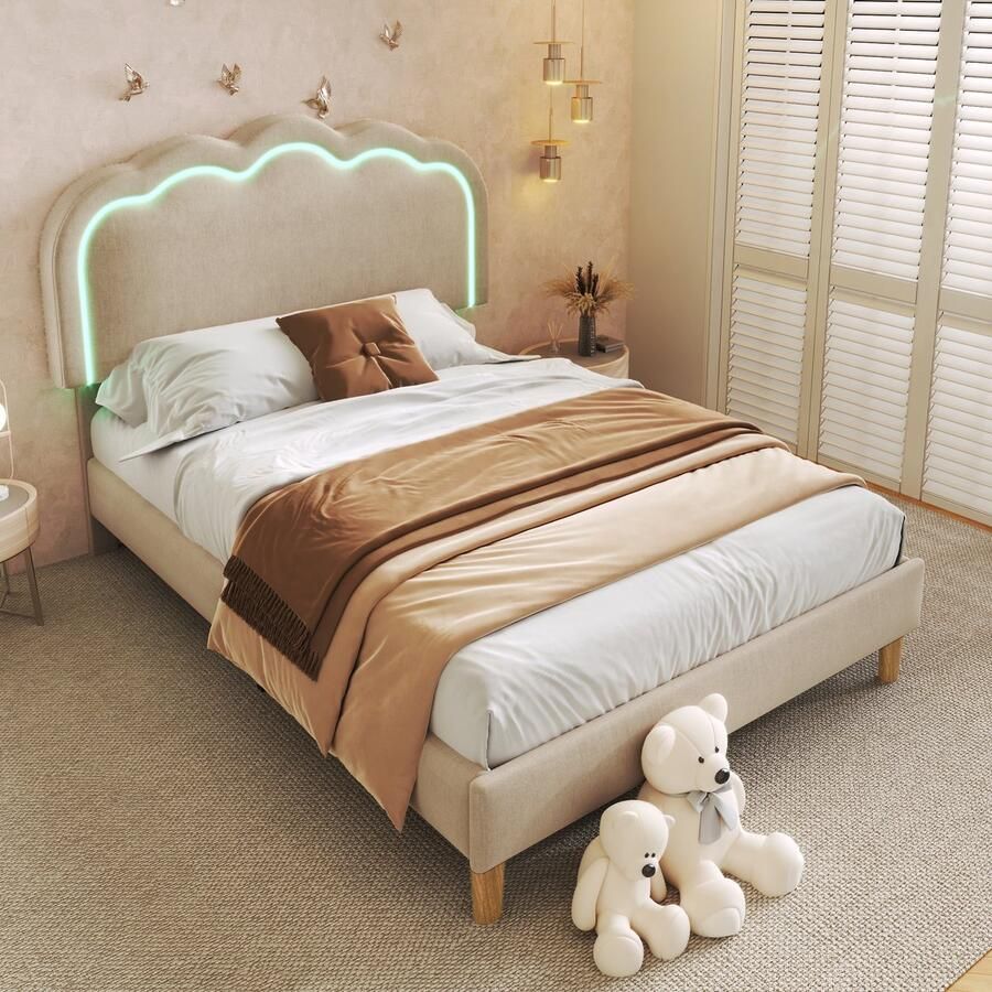 Gutent Kinderbed Beige (Zonder matras) LED Eenpersoonsbed 90 x 190 cm Linnenmateriaal Bedframe met lattenbodem en verstelbaar hoofdeinde Slaapkamer logeerkamer met bedframe voor jongeren