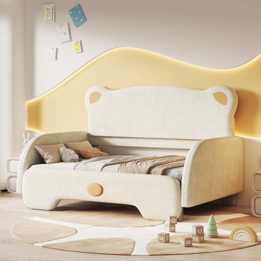 Gutent Kinderbed Beige (Zonder matras) Tweepersoonsbed in de vorm van een beer Uitschuifbaar bed met zachte beschermranden houten lattenbodem fluweel (140x110cm & 140x200cm)