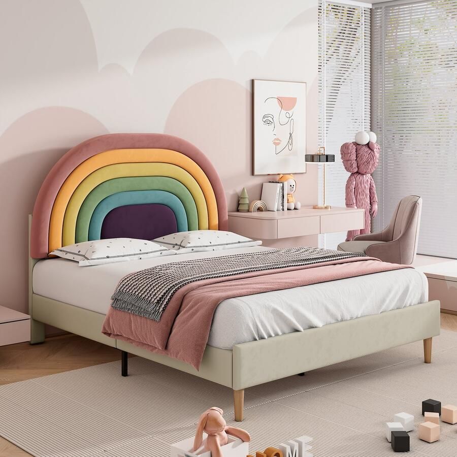Gutent Kinderbed Beige (Zonder matras) Velours 140*200 cm met Lattenbodem Houten Lattenbodems regenboog hoofdeinde in hoogte verstelbaar hoofdeinde jeugdbed voor volwassenen en tieners