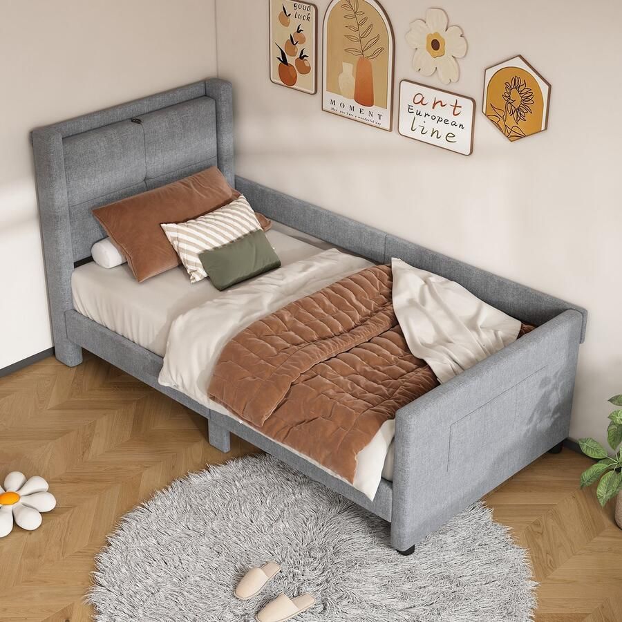 Gutent Kinderbed Grijs (Zonder matras) 90x200 cm plat Gestoffeerd met USB-poort minimalistisch ontwerp