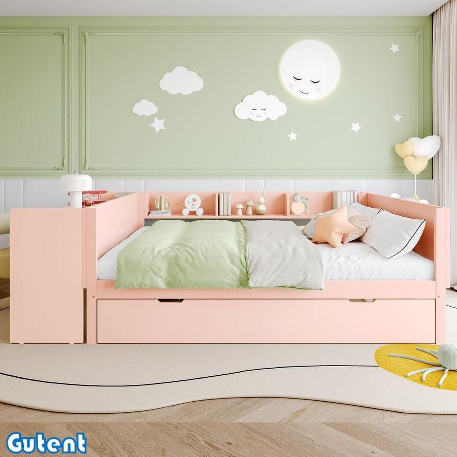 Gutent Kinderbed Houten bed 140x200 cm Met bureau Met onderschuifbed (zonder matras) Met plank Grenen + hardhouten planken Roze(Geen stoel)