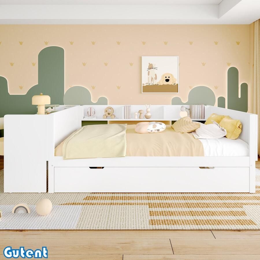 Gutent Kinderbed Houten bed 140x200 cm Met bureau Met onderschuifbed (zonder matras) Met plank Grenen + hardhouten planken Wit(Geen stoel)