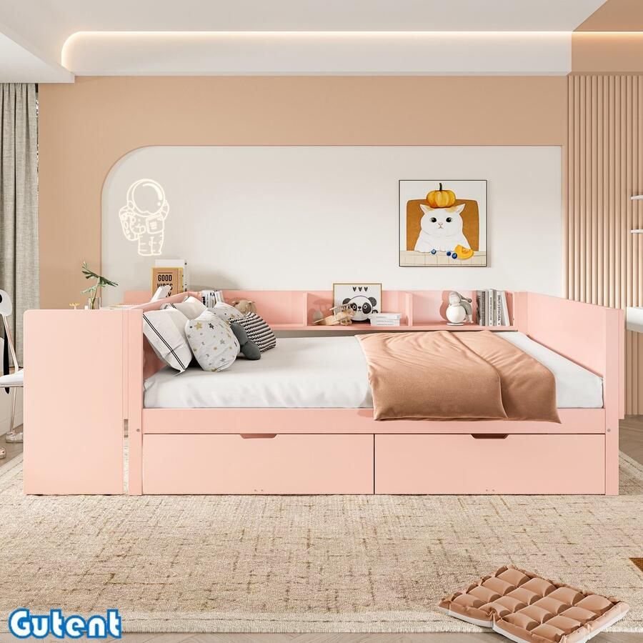 Gutent Kinderbed houten bed 140x200cm met bureau uitgerust met 2 lades (zonder matras) met planken grenen spaanplaat Roze