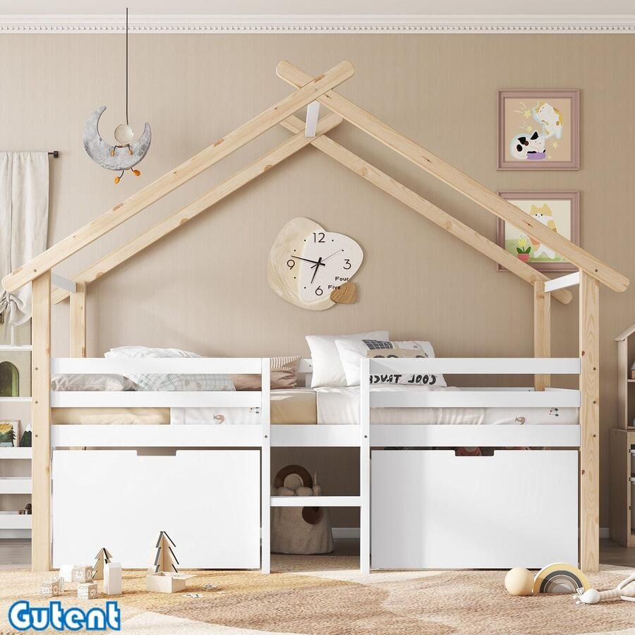 Gutent Kinderbed Huisbed met dak Aan alle kanten gesloten Met trap 2 opbergkasten op wielen Den + MDF Wit + Natuurlijk 90x200cm Zonder matras
