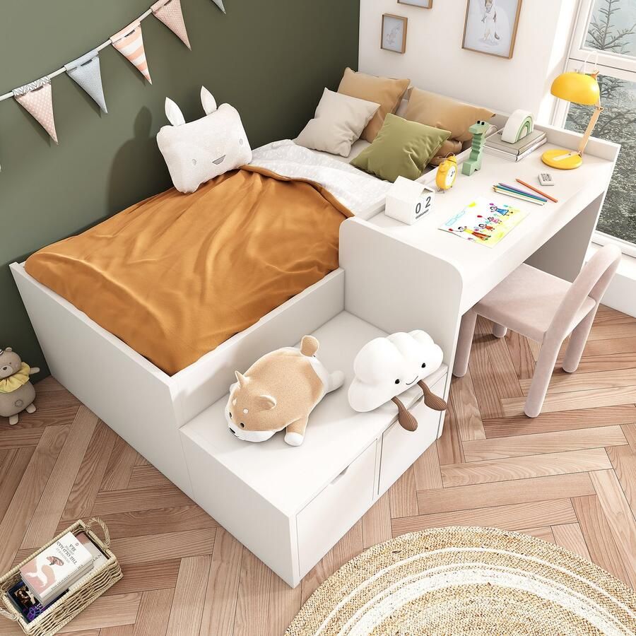 Gutent Kinderbed Massief hout met bureau en laden 90 x 200 cm Wit Opbergbed Voor jongens en meisjes Geen matras