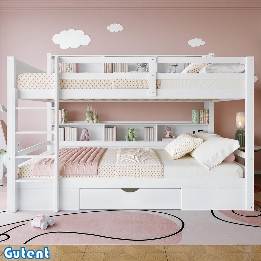 Gutent Kinderbed met ladder 90x200 cm met lade (83*48*14 7 cm) Zonder matras -Wit