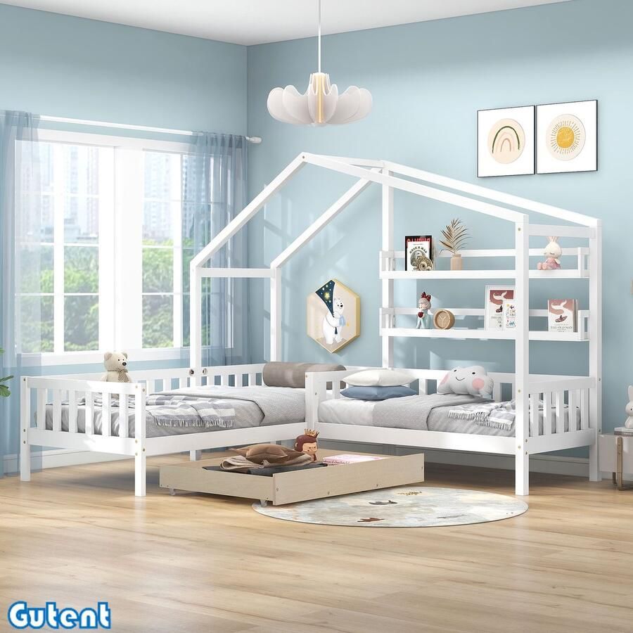 Gutent Kinderbed met laden en planken Massief hout met hek en lattenbodem L-vormige structuur Wit 90x200 cm + 140x70 cm Zonder matras