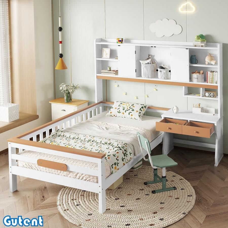 Gutent Kinderbed met opbergkast met tafel en laden L-vormige structuur Wit + Natuurlijke kleuren den + MDF + multiplex 90x200 cm zonder matras zonder stoel