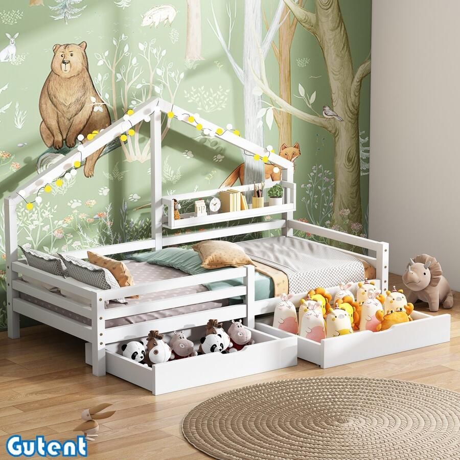 Gutent Kinderbed met opbergrek twee grote lades huisvorm 90x200cm Wit Geen matras