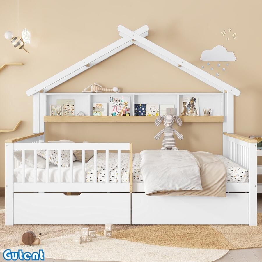 Gutent Kinderbed -met relingen- Buitenkant huis-2 m opbergplank-twee lades-Pine frame-Pine + MDF-Wit + Naturel- 140x200cm-Geen matras