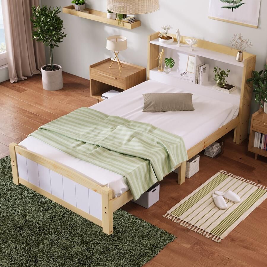 Gutent Kinderbed Naturel en Wit (Zonder matras en laden) Opberghoofdbord bed 90 x 200 cm met lattenbodem naturel grenen en wit massief hout