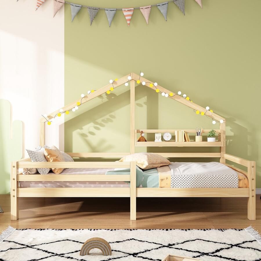 Gutent Kinderbed Natuurlijke kleur(Zonder matras) met Opbergplanken Huislijst 90x200cm