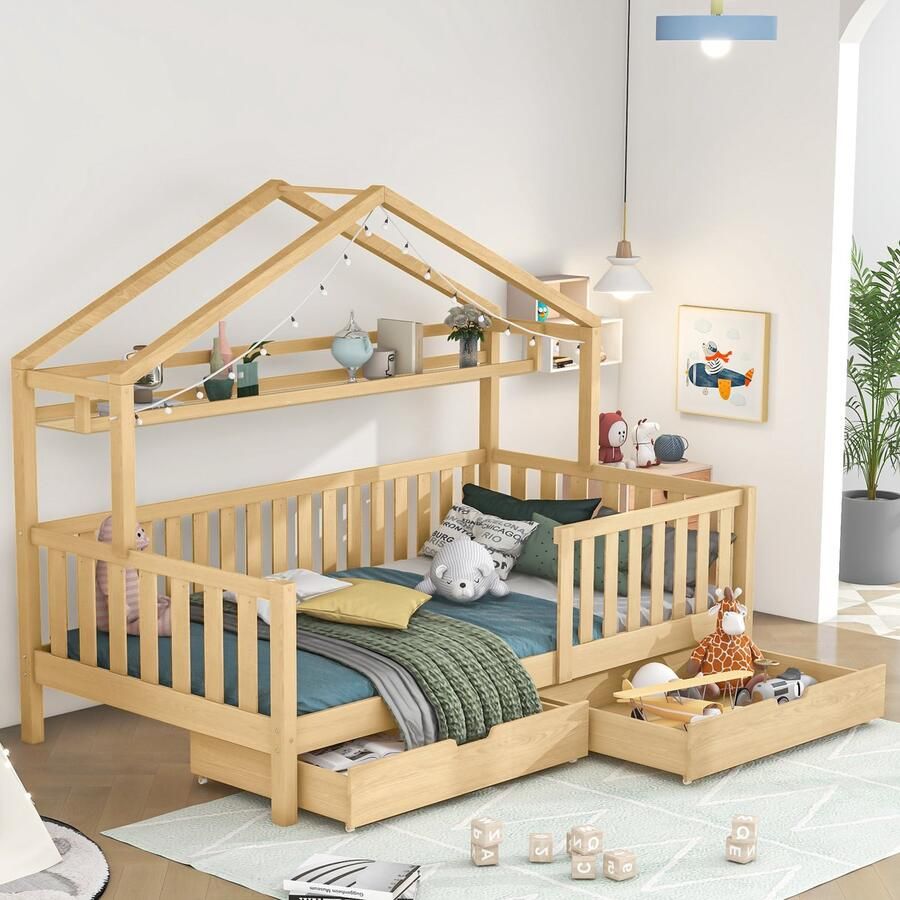 Gutent Kinderbed Originele Houtkleur met Laden Massief hout met Lattenbodem Grenen 90x200 cm kinder- en tienerkamer